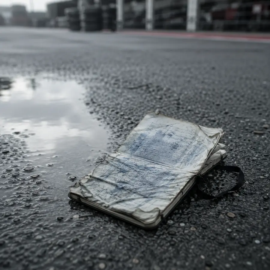 Carnet de notes papier détrempé et gondolé par la pluie, encre délavée, posé sur l'asphalte mouillé d'un paddock