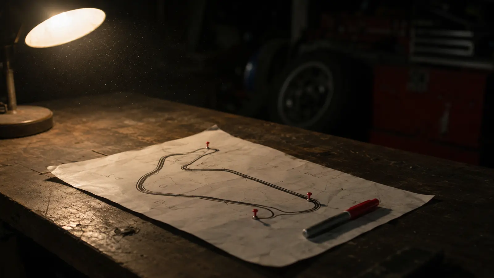 Plan de circuit moto posé sur un établi d'atelier sous une lampe, avec des punaises rouges plantées sur plusieurs virages et un marqueur rouge — Tarmago