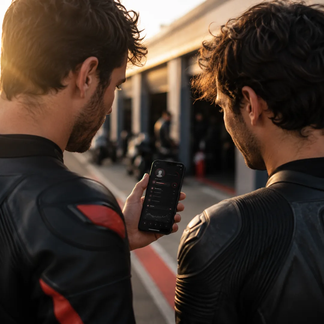 Deux pilotes en combinaisons cuir regardent un profil Tarmago sur un téléphone au paddock après un trackday