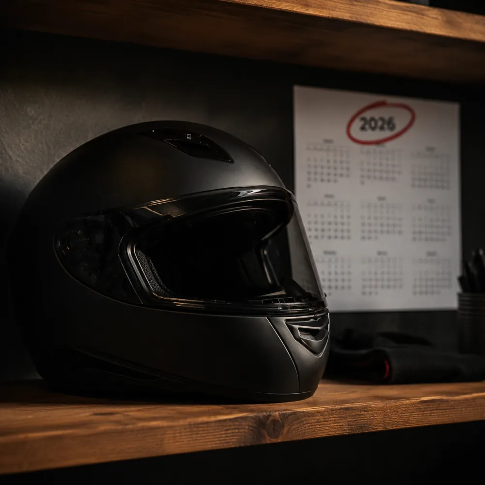 Casque moto sur étagère avec calendrier 2026 entouré — rappel de la norme ECE 22.06 et durée de vie 5 ans