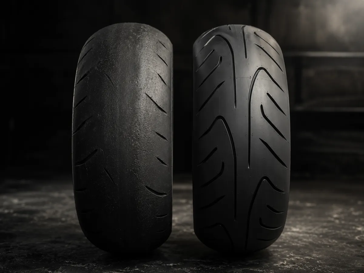 Comparaison entre un pneu moto piste usé après plusieurs trackdays et un pneu neuf — différence visible sur les rainures