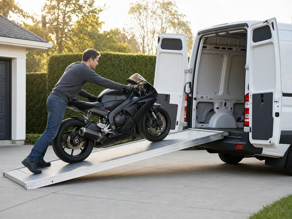 Pilote poussant sa moto sportive sur une rampe en aluminium pour la charger dans un fourgon