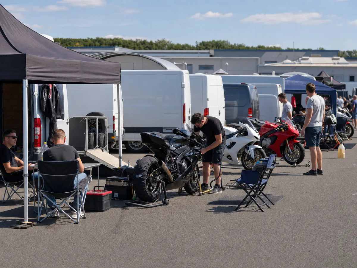 Paddock de trackday avec fourgons alignés, motos sur béquilles et pilotes préparant leur matériel